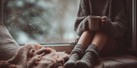 Girl in sweater holds a tea mug and gazes in snowy window. Serene winter tea moment, contemplative holiday solitude vibe.