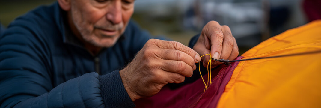 An older man skillfully repairs a tent with great focus, highlighting the importance of preserving outdoor equipment and the valuable knowledge of craftsmanship through generations.