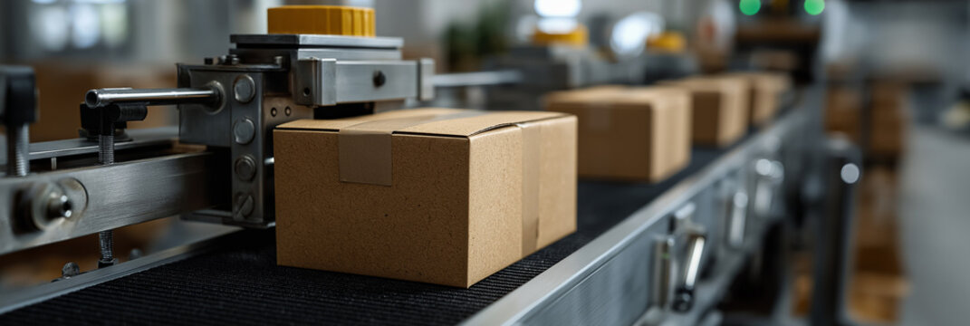 A line of cardboard boxes moves steadily on a conveyor belt in a warehouse, symbolizing efficiency, commerce, and the vital role of logistics in modern supply chain management. - Powered by Adobe