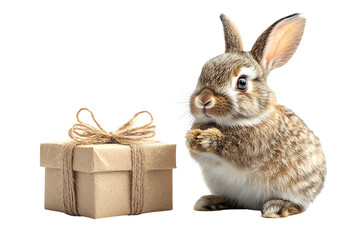 Obraz premium Cute rabbit sitting beside a gift box on a white isolate background.