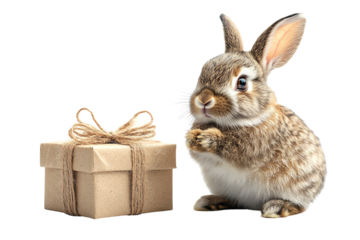 Cute rabbit sitting beside a gift box on a white isolate background.