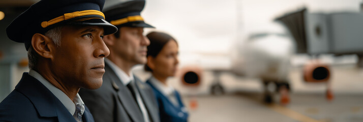 A focused airline crew stands together at the airport, embodying professionalism and teamwork as they prepare for the departure of their flight.