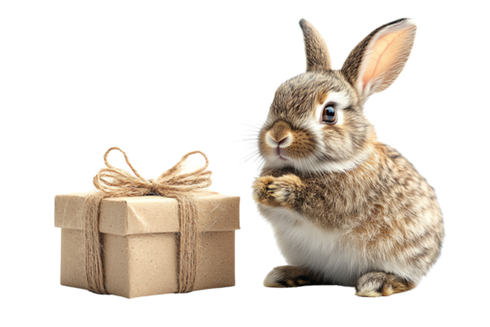 Cute rabbit sitting beside a gift box on a white isolate background.