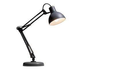 Modern black desk lamp with adjustable arm and glowing light bulb, stylish lighting equipment for office or home workspace on white background