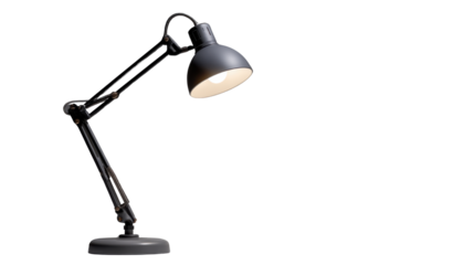 Modern black desk lamp with adjustable arm and glowing light bulb, stylish lighting equipment for office or home workspace on white background