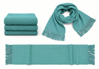 Blank Aqua knitted scarf folded and unfolded mockup set, isolated, 3d rendering. Empty christmas apparel mock up. Clear soft handmade neckerchief template 