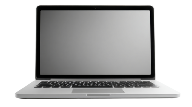 Modern silver laptop computer with blank screen, portable electronic device for business, remote work, web browsing and digital communication on white background