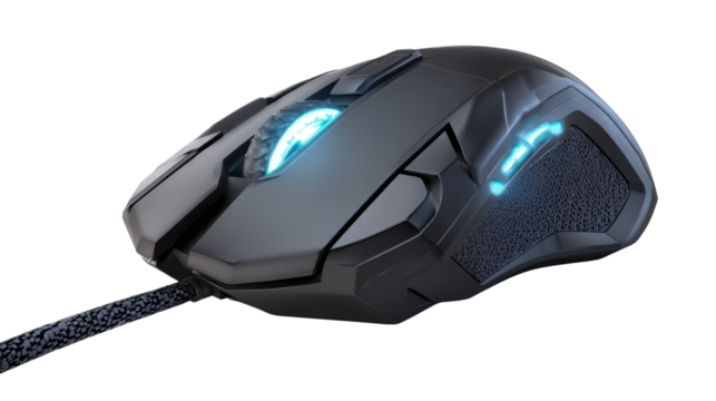 Modern black gaming mouse with glowing blue light, ergonomic design, wired technology, precision sensor, and professional gamer accessory on white background
