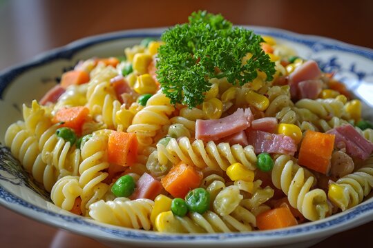 Delicious pasta salad with rotini, ham, corn, peas, and carrots, garnished with fresh parsley. Colorful, healthy meal full of flavor and texture, perfect for lunch or dinner.