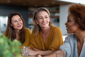 Three mature women smiling and conversing in a relaxed indoor setting