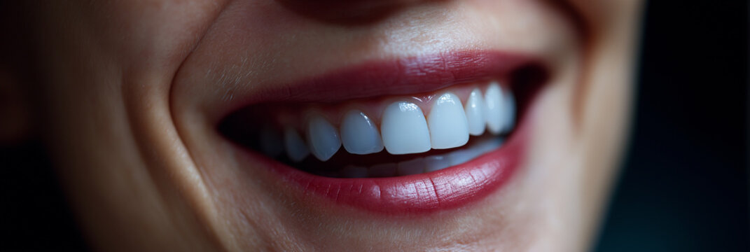 A close-up of a person's radiant smile reveals white teeth and glossy lips, symbolizing confidence and health, perfect for dental care promotions or toothpaste ads.