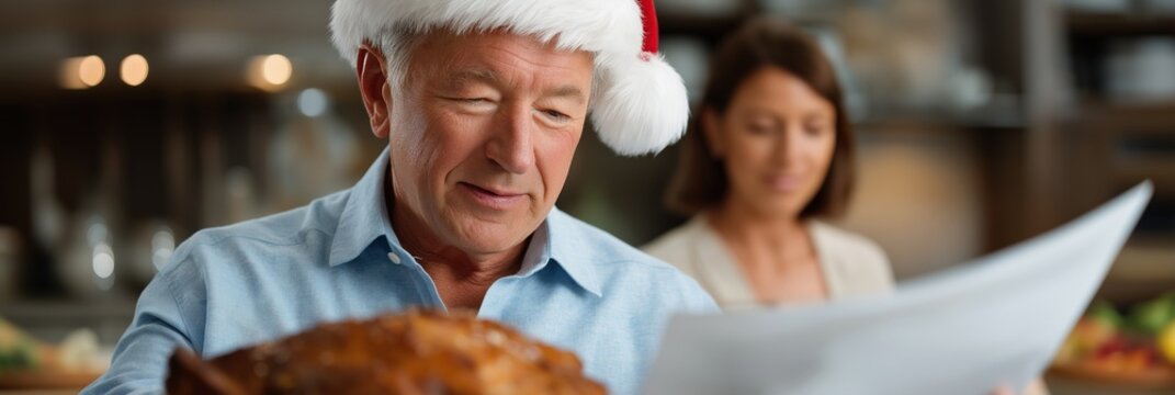 Caucasian elderly male in santa hat reads instructions for holiday meal preparation - Powered by Adobe