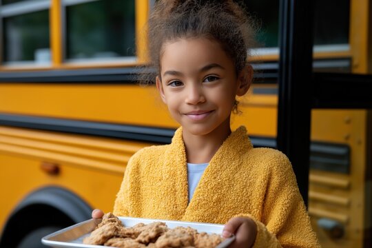Smiling young girl holding cookies in front of school bus - Powered by Adobe