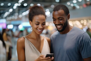 Happy african young couple shopping together in mall with smartphone