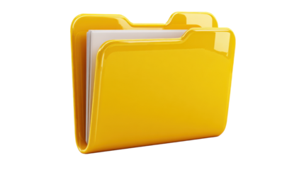 Glossy yellow folder icon with white documents inside, symbol of office organization, data storage and digital business management concept on white background