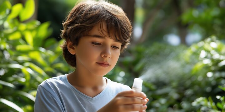 Young caucasian boy using spray bottle outdoors in lush garden setting