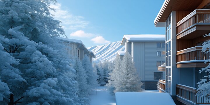 Winter wonderland in snowy mountain resort with pine trees and modern buildings