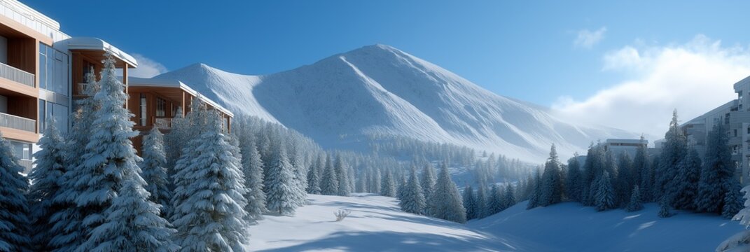 Snowy mountain resort with evergreen trees and clear blue sky - Powered by Adobe