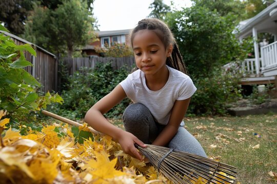 Young african female child raking autumn leaves in garden