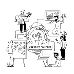 Professional team collaborating on innovative creative concept development in a digital workspace illustration for a landing page