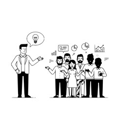 Corporate leader inspiring innovator explaining a new idea at a team gathering professional business meeting with data visuals a monochrome vector illustration for a website landing page