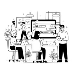 Collaborative business professionals discuss a large monitor displaying chat UI in a modern bright office space with desks plants and a whiteboard illustrating digital communication