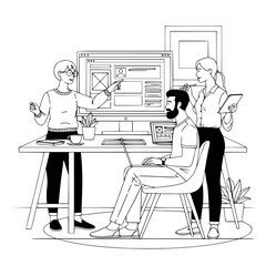 Collaborative diverse design professionals reviewing a digital interface on a modern desktop workspace with monitor for a UX UI landing page illustration