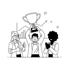 Diverse professional business team joyfully celebrating a success trophy in a modern office environment against a backdrop of upward trending financial graphs symbolizing achievement growth