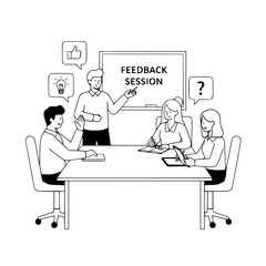 Engaged business professionals actively discussing and generating ideas during a productive feedback session in a clean minimalist office conference room illustration