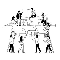 Diverse business professionals collaboratively assemble a complex puzzle bridge symbolizing successful teamwork and problem-solving strategy ideal for a landing page illustration