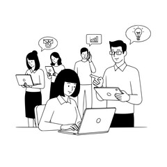 Diverse focused business professionals collaborating efficiently in a technology-driven contemporary office setting for innovative problem-solving web illustration