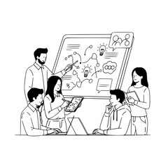 Dynamic professionals collaborating planning and presenting creative strategies on a digital whiteboard for a project solution landing page illustration