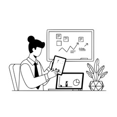 Professional businessperson analyzing data on a tablet at an organized office desk with a laptop whiteboard and plant for a landing page illustration