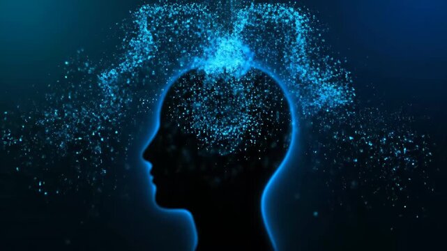 Head with Abstract Brain Activity - A silhouette of a human head with glowing blue particles exploding from the top. This visual represents ideas, thoughts, creativity, or brain activity.