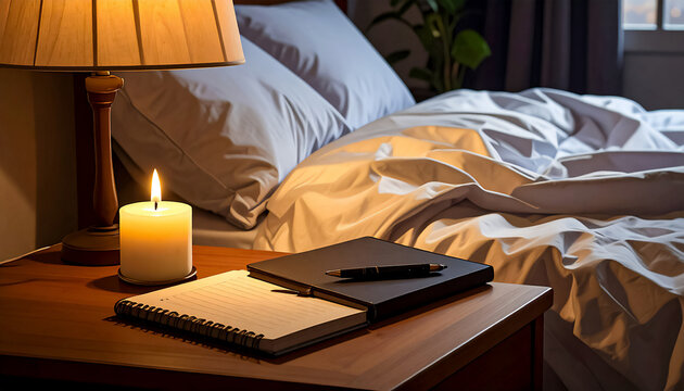 Daily routine, late night reflection, a quiet night interior with warm dim light, symbolizing reflection, peace, and solitude before sleep