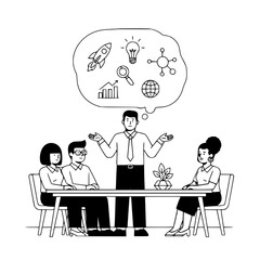 Diverse business professionals brainstorming new innovative ideas in a collaborative meeting room session with various concept symbols