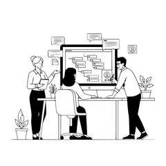 Business professionals collaborating on a project timeline displayed on a desktop monitor in a modern office environment for a landing page illustration