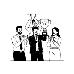 Successful business team celebrating achievement with a shared trophy and enthusiastic applause in a professional outline illustration for a modern landing page