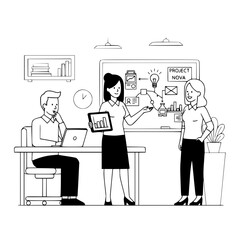 Diverse business team collaborating on Project Nova strategy presenting data and ideas in a clean modern office illustration suitable for a landing page