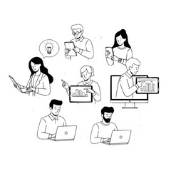 Diverse modern business professionals working remotely with digital technology and data in a collaborative online environment as a minimalist outline illustration perfect for engaging landing pages
