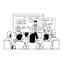 Attentive diverse business professionals participating in a modern conference presentation with a male presenter explaining digital data charts a business education landing page illustration