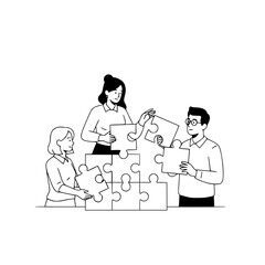 Professional business team members collaboratively assembling a large jigsaw puzzle on a clean minimalist digital illustration white background symbolizing teamwork and problem-solving solutions