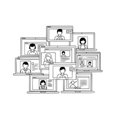Diverse avatars representing global participants engaged in remote video conference calls across a cluster of overlapping laptop screens a digital connectivity illustration