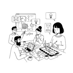 team, collaboration, design, brainstorming, development, meeting, creative, innovation, idea, project, work, planning, digital, architecture, blueprint, screen, laptop, tablet, pen, coffee, people, ma