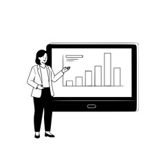 Professional businesswoman presenting growth data analytics on a large digital screen displaying a bar chart for a landing page illustration