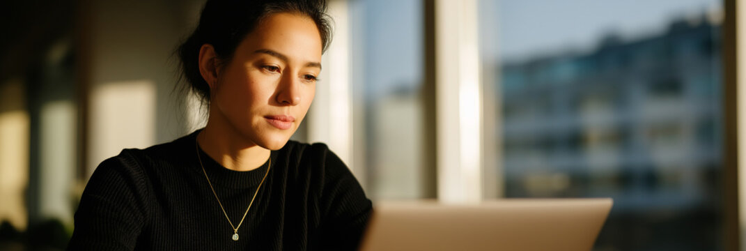 A focused woman working on her laptop in a well-lit space, reflecting determination and productivity while engaging in her tasks during daylight hours.