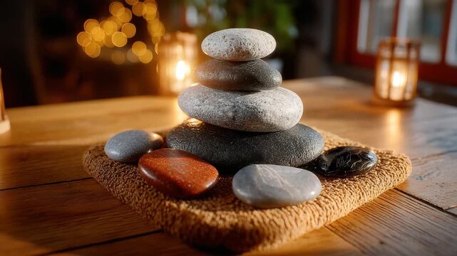 Relaxing spa stones balancing in warm candlelight, perfect for meditation and wellness retreats promoting peace and tranquility in zen atmosphere