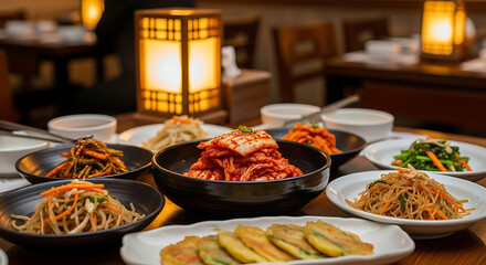 Obraz premium A close-up view of a Korean meal featuring various side dishes and appetizers.