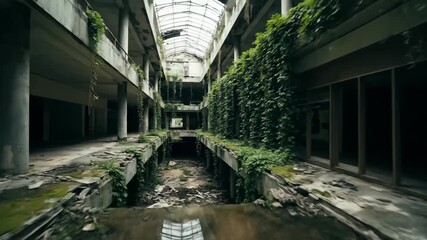 Overgrown Abandoned Building Interior - This video depicts the interior of an abandoned building with a glass ceiling and an overgrown, weathered aesthetic. - Powered by Adobe