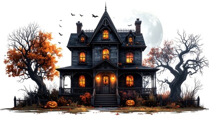 Spooky Halloween Haunted House with Pumpkins and Full Moon.